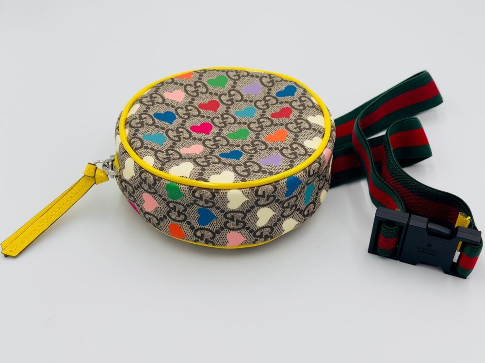 Gucci GG Supreme Hearts Leather Belt Bag Round Waist Fanny Pack Multi Yellow Aut